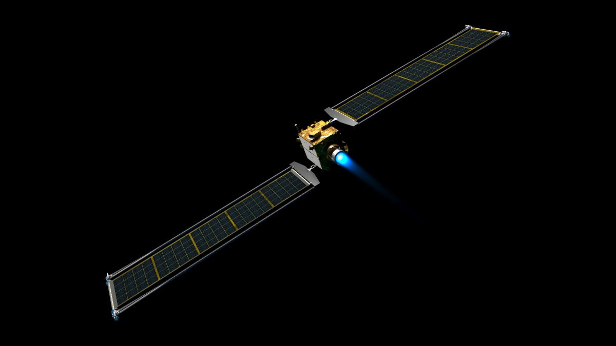Ілюстрація космічного корабля DART з розширеними сонячними батареями (ROSA). Кожен з двох масивів ROSA 8,6 метра на 2,3 метра.